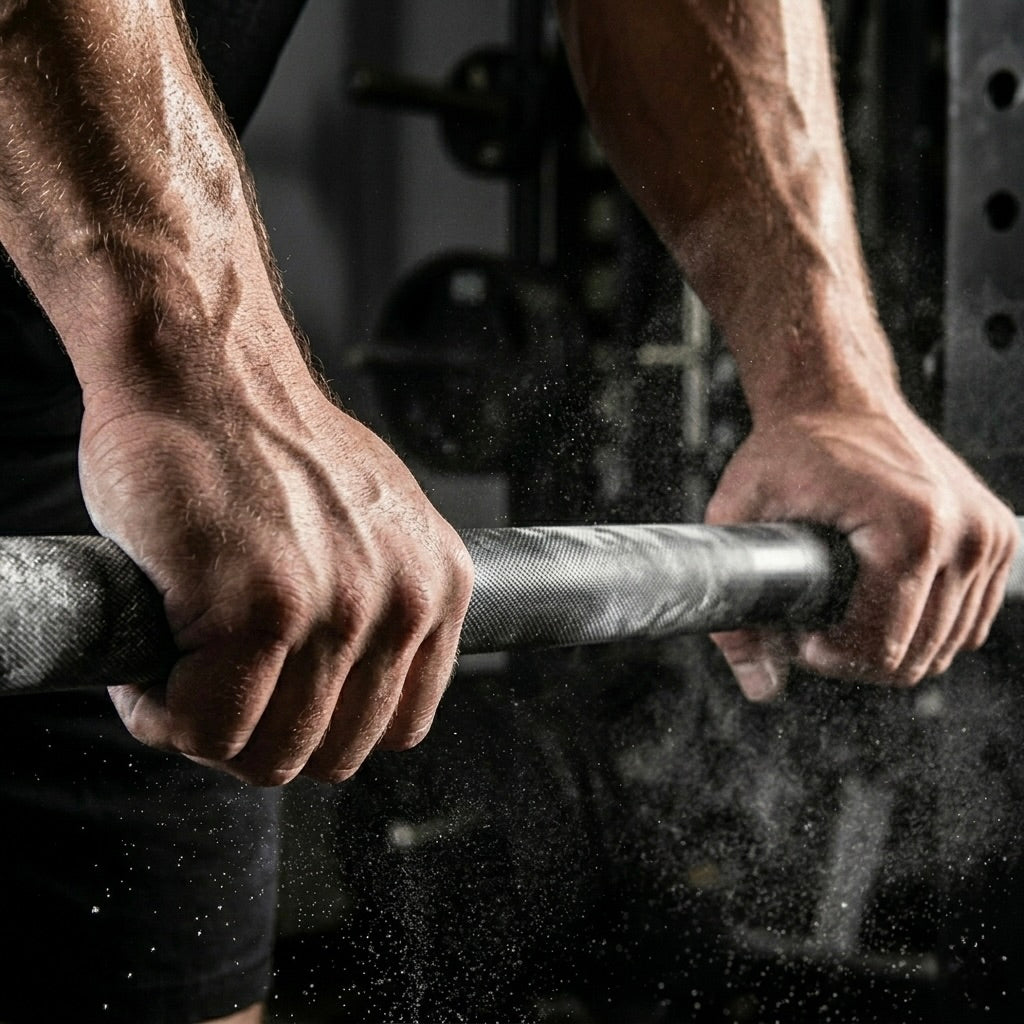 Here is the alt text for each image, written for SEO and accessibility: Image 1 — Hero alt="Two hands gripping a thick barbell with chalk dust, dramatic gym lighting