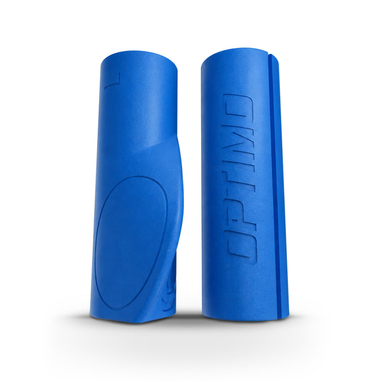 Two blue Optimo One ergonomic thick grips, one standing upright showing the embossed brand name 'OPTIMO' and the other showing a textured grip pattern, on a white background.