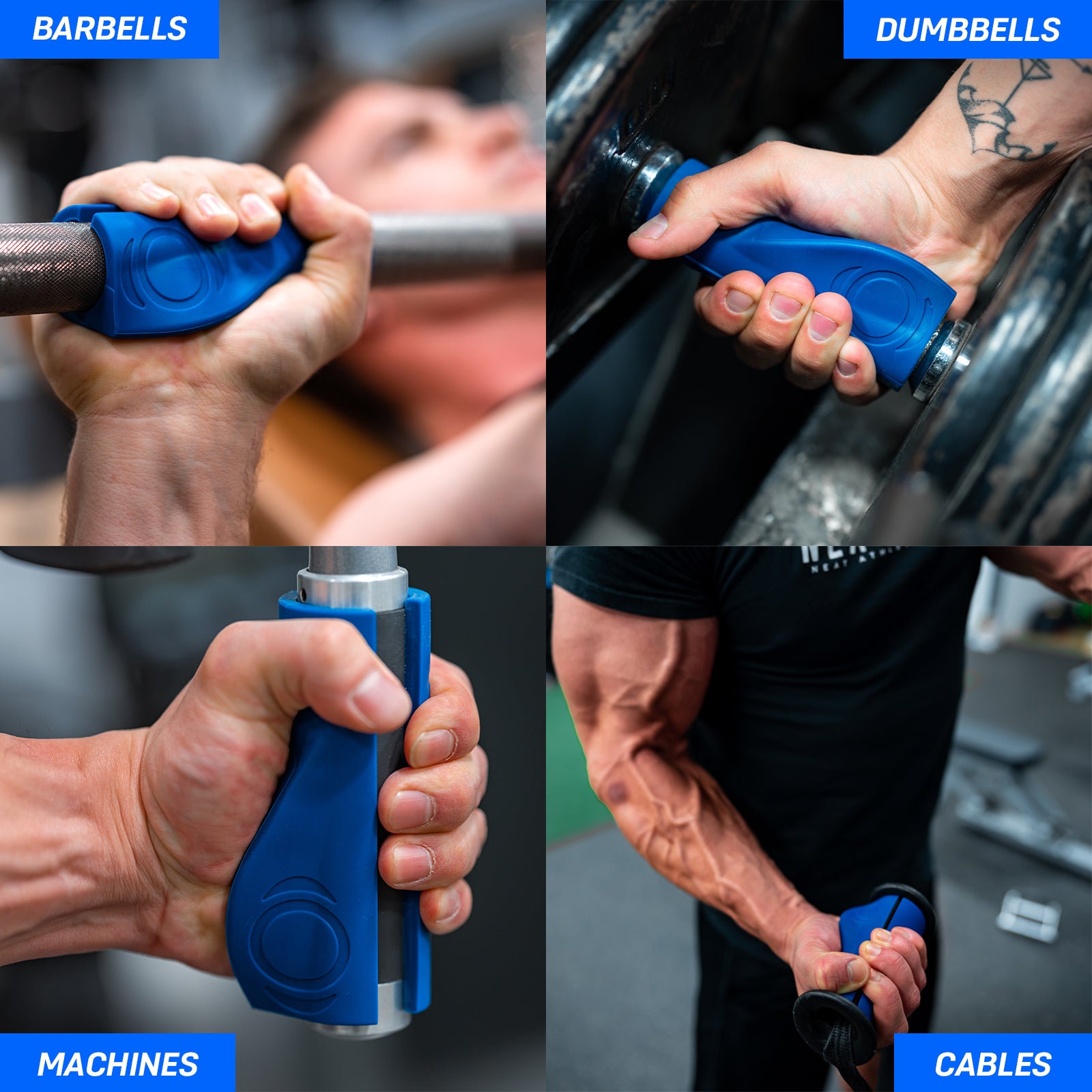 A four-panel collage showing blue Optimo One ergonomic thick grip accessory used for barbells, dumbbells, gym machines, and cable exercises, with hands gripping the product in use and text labels in each panel.