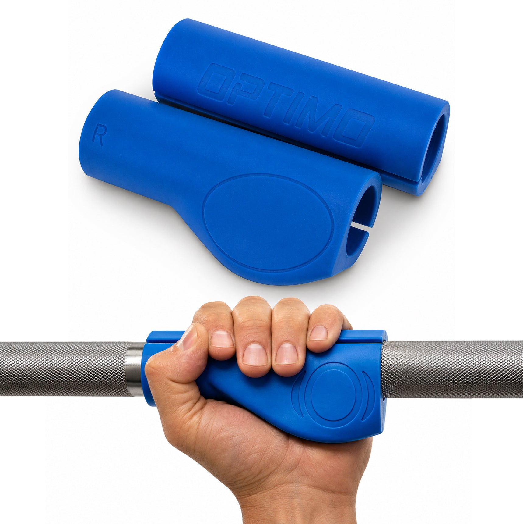 A close-up product photo of a pair of blue Optimo One ergonomic thick grips alongside a demonstration of their use. The top half displays two matching blue silicone grips; one features the embossed word "OPTIMO," while the other shows a contoured shape with a raised circular design and an embossed letter "R." In the bottom half, a person's hand grips one of the blue attachments, which is wrapped securely around a knurled metal barbell.