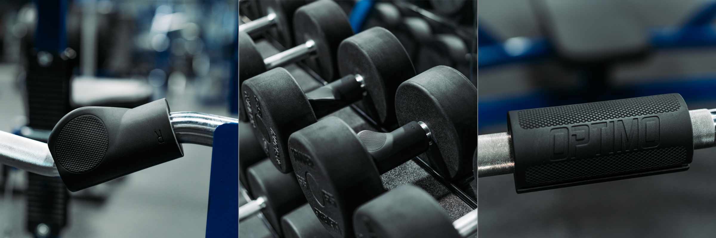 Set of dumbbells with ergonomic fat grips with a close-up on the brand name 'OPTIMO' in a gym setting.