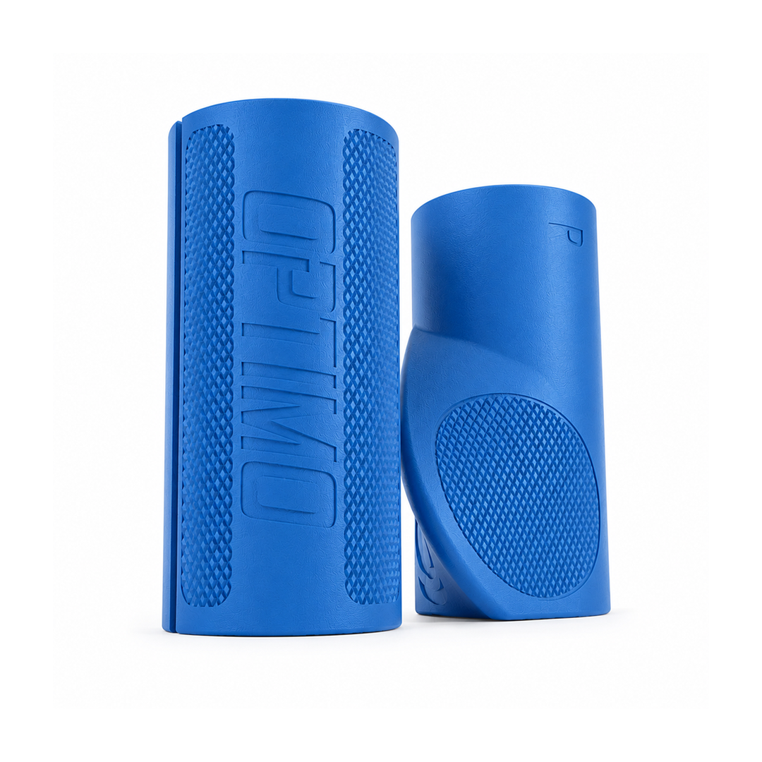 Two blue Optimo Pro ergonomic thick grips, one standing upright showing the embossed brand name 'OPTIMO' and the other showing a textured grip pattern, on a white background.